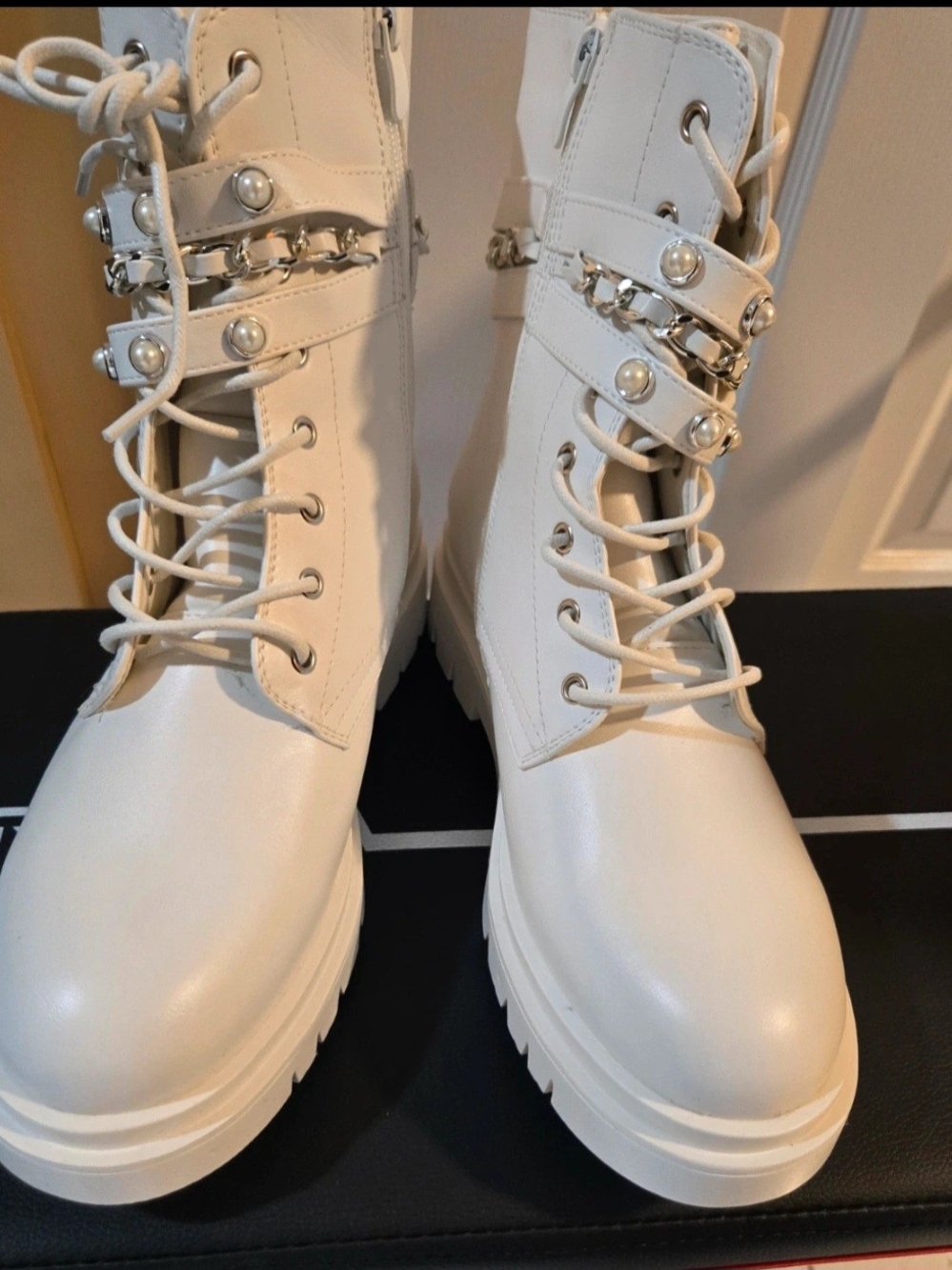 White Chunky Combat Pearl-Accented Lace-Up Platform Boots (Women)